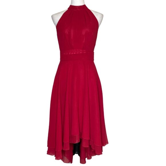 iEFiEL Burgundy Sleeveless Halter Neck High-Low Flare Evening Party Dress Sz 4 - Picture 2 of 11